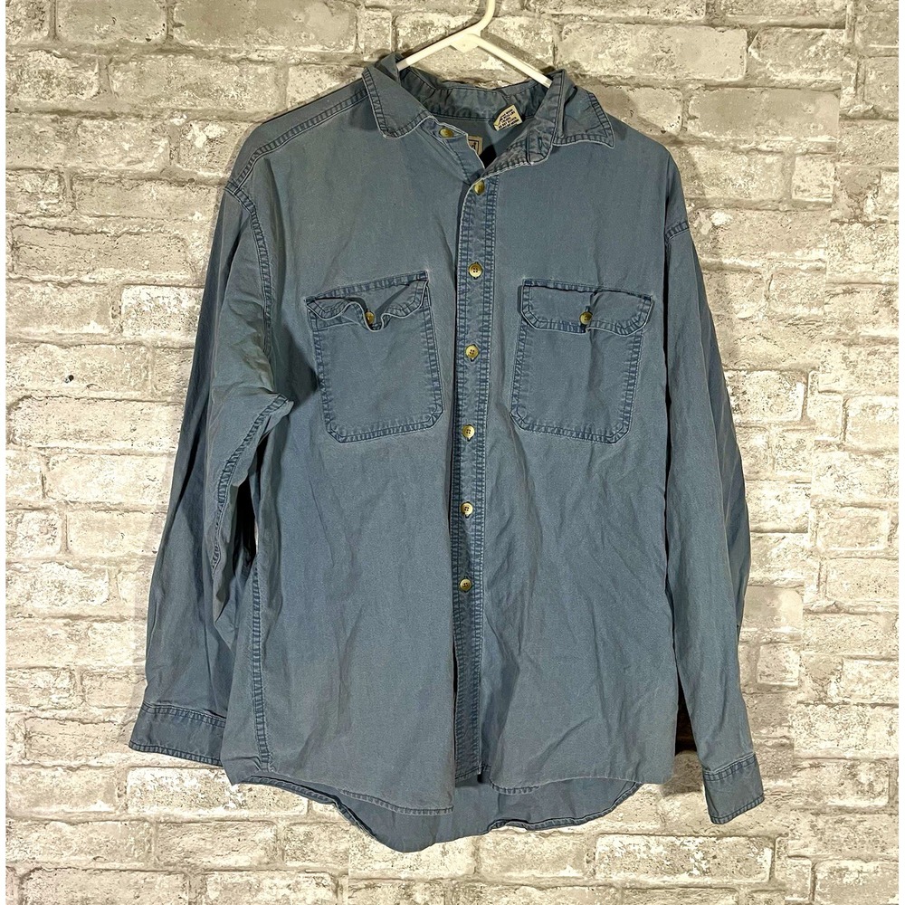 L.L.Bean Men's blue solid woven cotton long sleeve button-up shirt pockets L